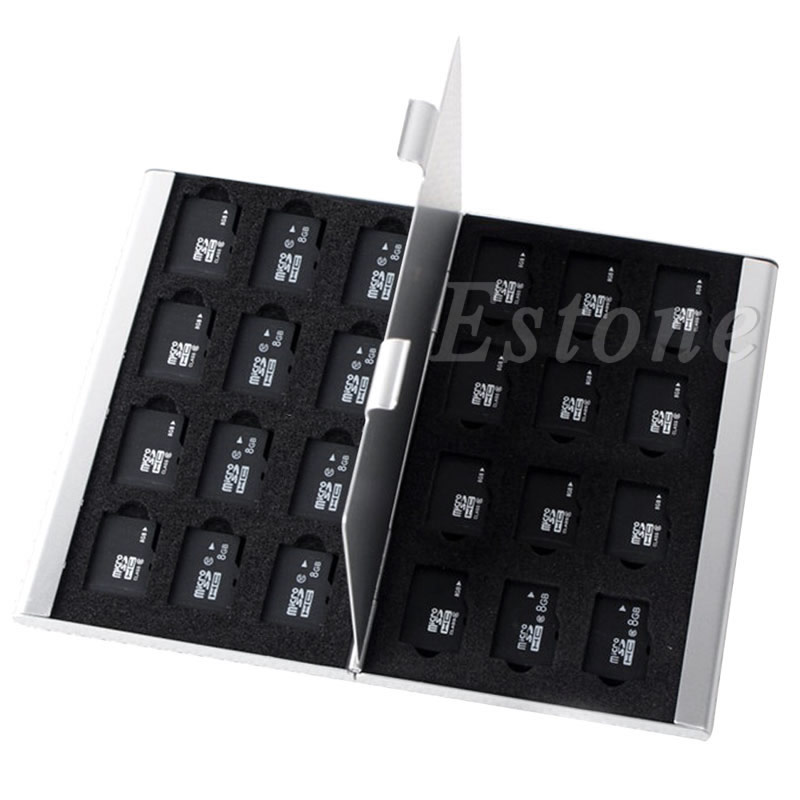 Silver Aluminum Memory Card Storage Case Box Holder For 24 TF Micro SD Cards -