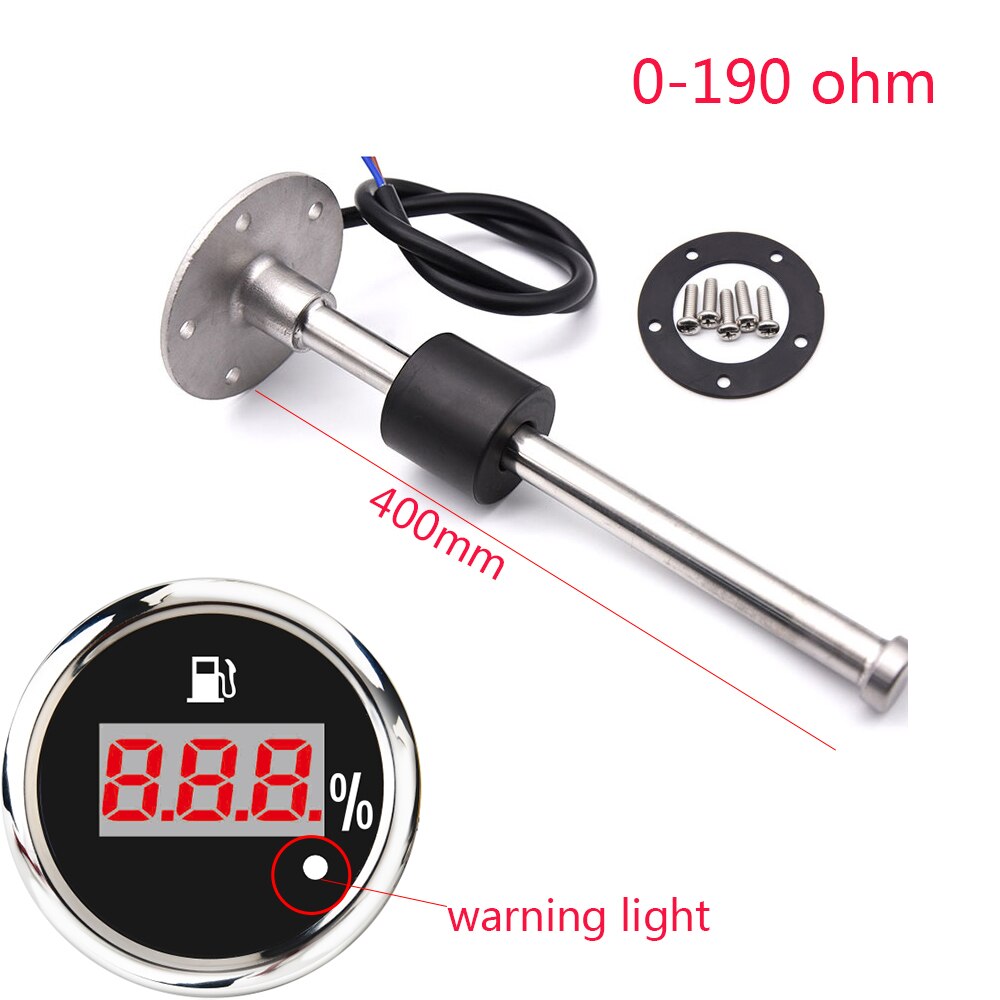 100% Digital 52MM Fuel Level Gauge Warning Light Oil Tank Indicator Marine Fuel Level Sensor 125mm 150mm 200mm 250mm 400mm 500mm: 400mm bs 0-190ohm