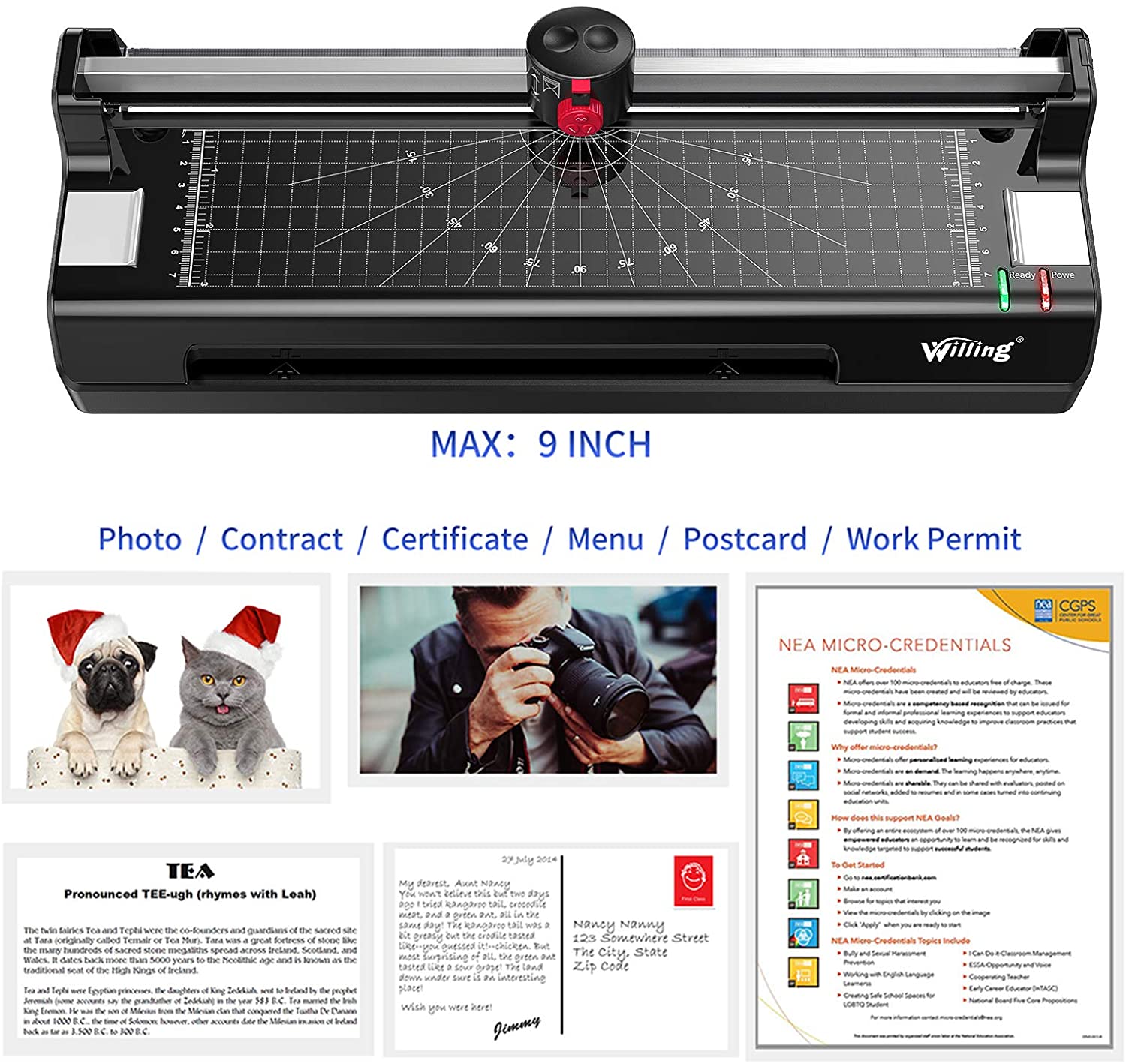 Thermal Laminator Machine, A4 laminator, 9 Inches, 2 Roller System, Quick Warm-Up, Includes Laminating Pouches, Paper Trimmer