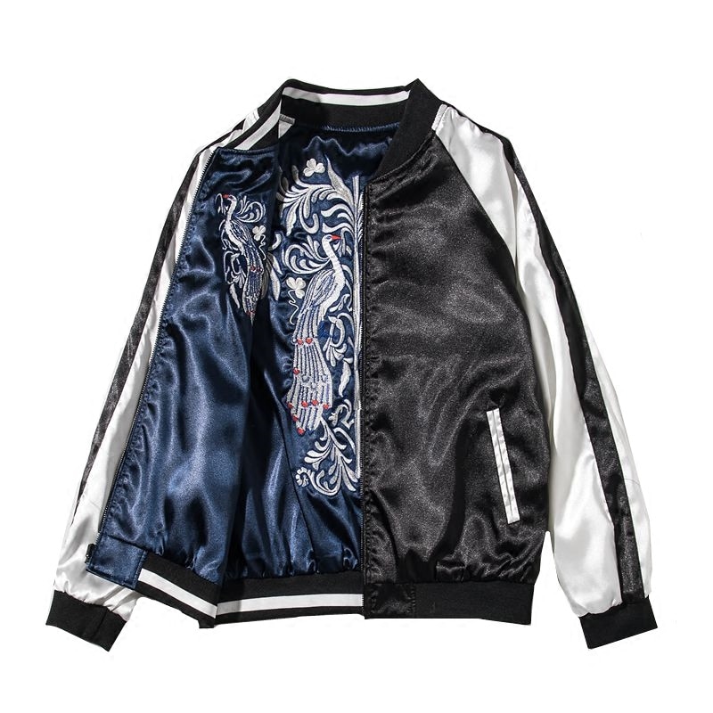 Women / Men Spring Autumn Clothes Silk Satin Baseball Jackets Student Both Sides Wear Peacocks Embroidered Bomber Jacket Coats