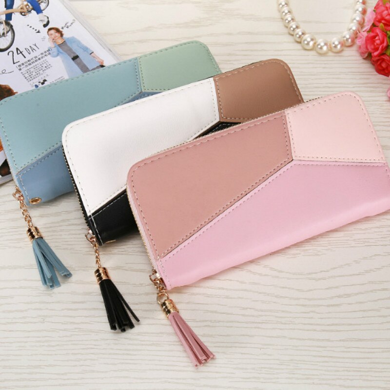 Women Wallets Long Color Contrast Clutch Bag Large Capacity Zipper Wallet Mobile Phone Bag Standard Wallets PU