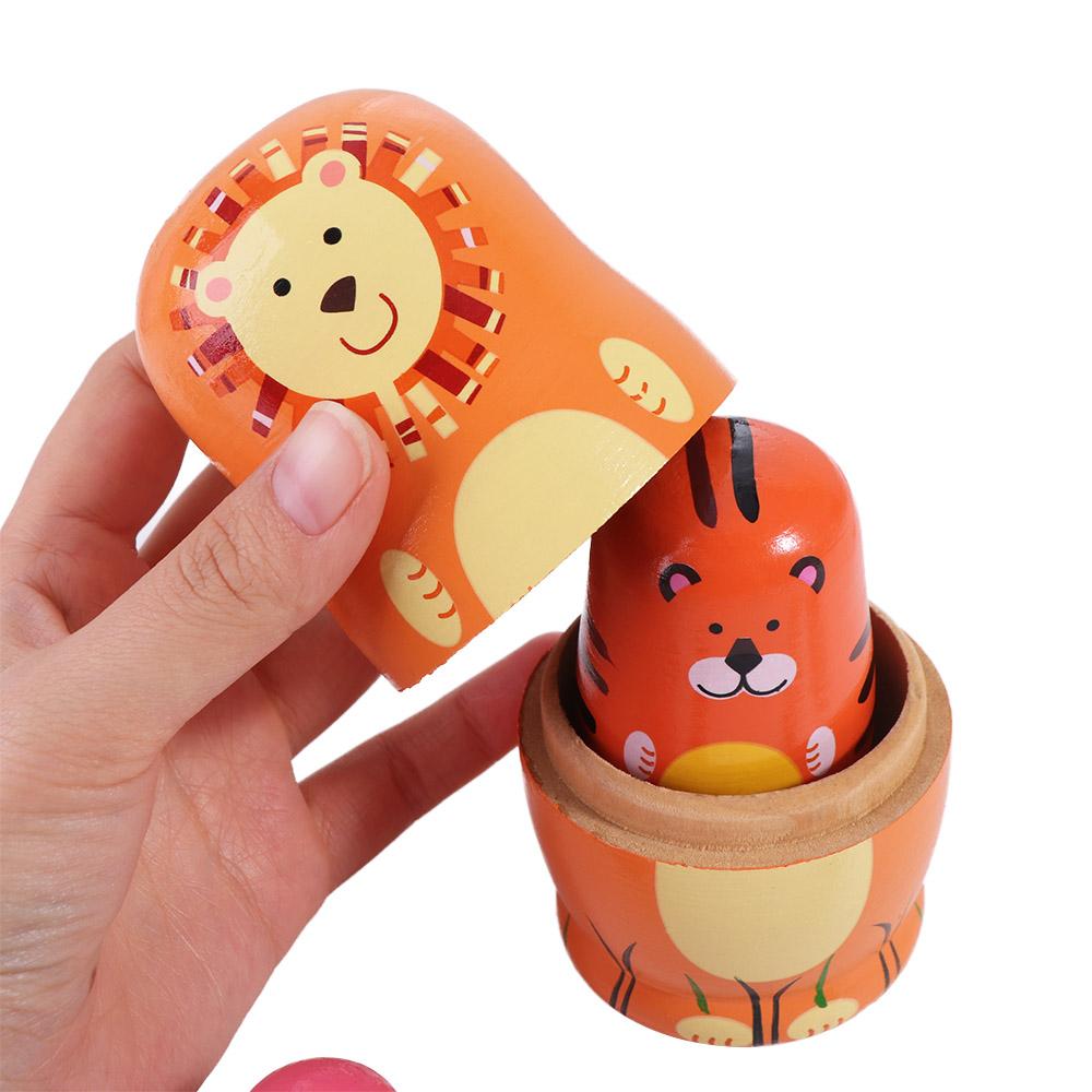 Adorno de madera anidado decoraciones hechas a mano Matryoshka patrón de animales de 5 capas apilamiento