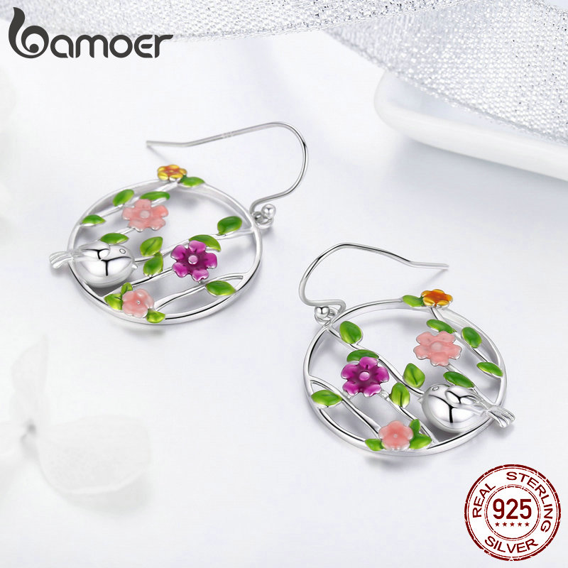 BAMOER Genuine 925 Sterling Silver Blooming Forest Birds Secret Earrings for Women Sterling Silver Earrings Jewelry SCE480