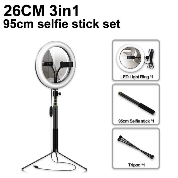 Ring Light with Phone Holder - 1.5M Tripod Stand - LED Selfie Makeup Mirror Lamp - USB Powered: 26CM SET-1