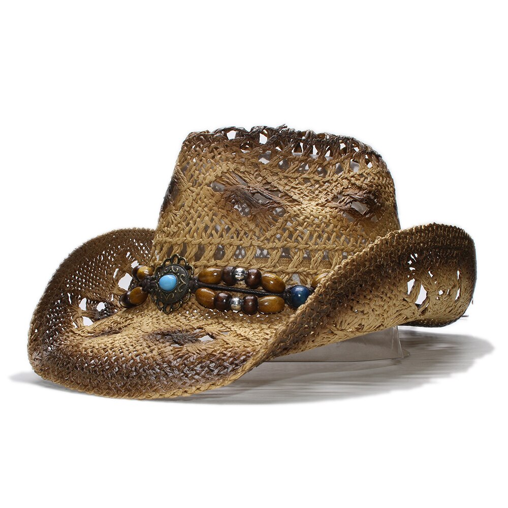 Sombrero de paja estilo vaquero para hombre y mujer, colgante de color turquesa con cuentas de madera, estilo Retro, para verano: Castaño