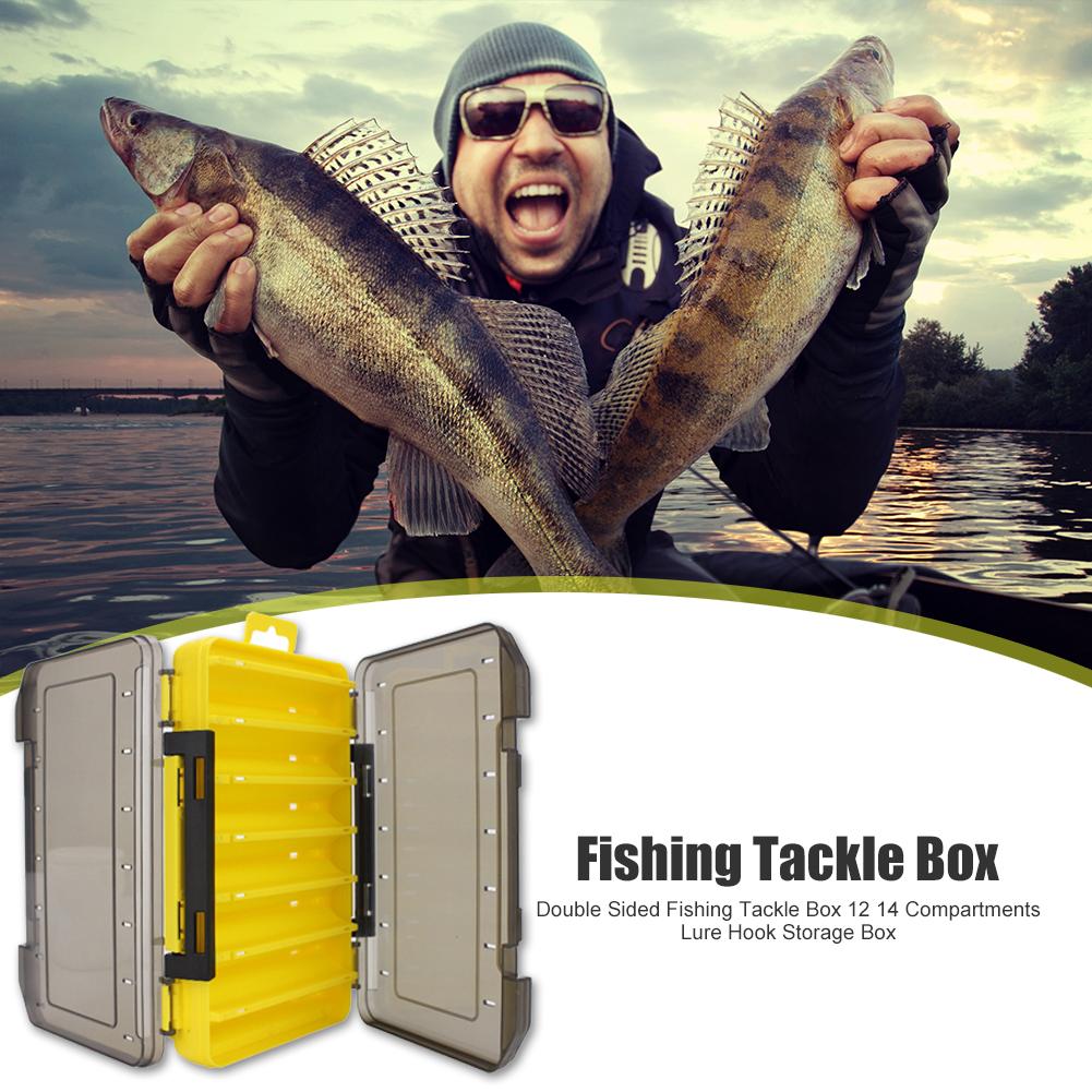 Double Sided Fishing Tackle Box 12 14 Compartments Lure Hook Storage Box Fishing Plastic Storage Case
