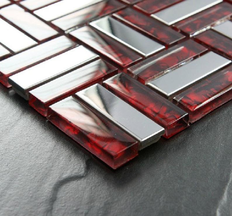 Red Glass Mosaic Silver Metal Tile Backsplash Stainless Steel SSMT021 Glass Metallic Mosaic Bathroom Tiles