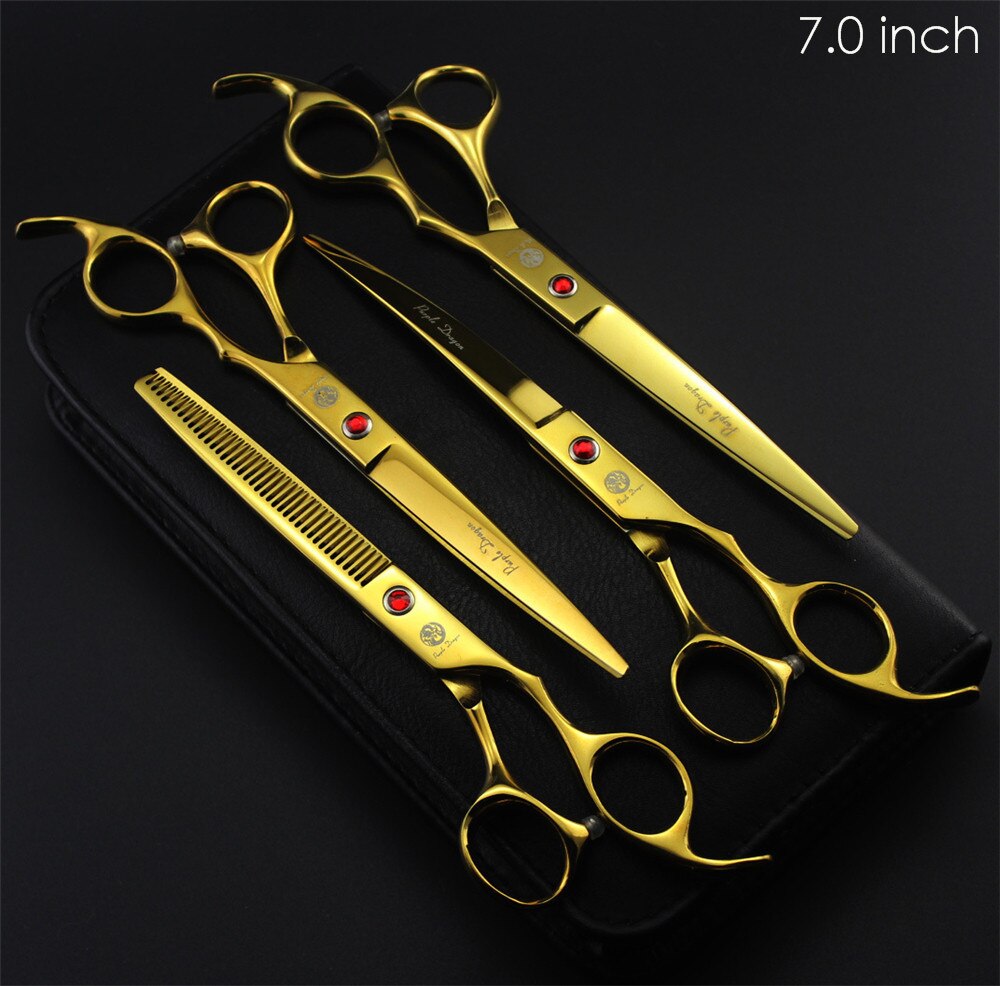 4pcs/set Pet Grooming Scissors Set 7 inch 8 inch Straight+ Curved +Thinning Shears Sharp Edge Hair Cutting Scissors: 7 inch Gold