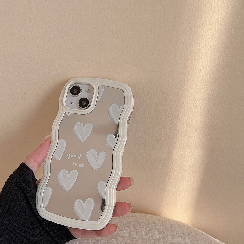 Funda coreana con espejo de maquillaje de corazón blanco encantador para iPhone 14 15 16 Pro Max 13 11 12 14 Plus XS X XR cubierta suave a prueba de golpes