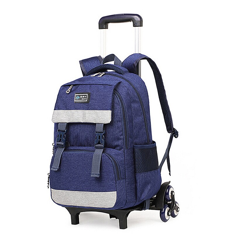 Kids Jongen Rolling School Boek Pack Trolley Tassen Bagage Zes Wielen Rugzak Reizen Opvouwbare Tas Patchwork: Blue