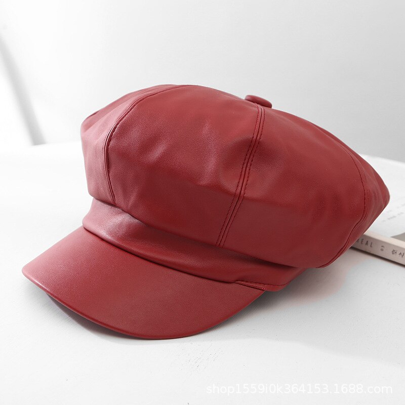 Boina T-MAO de cuero Pu para hombre y mujer, gorro liso Vintage, , Color sólido, para invierno: red