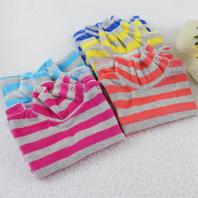 Little Q baby turtle neck velour blouse 5 pcs/lot striped spring and autumn unisex shirts kids long sleeve rivets button clothes