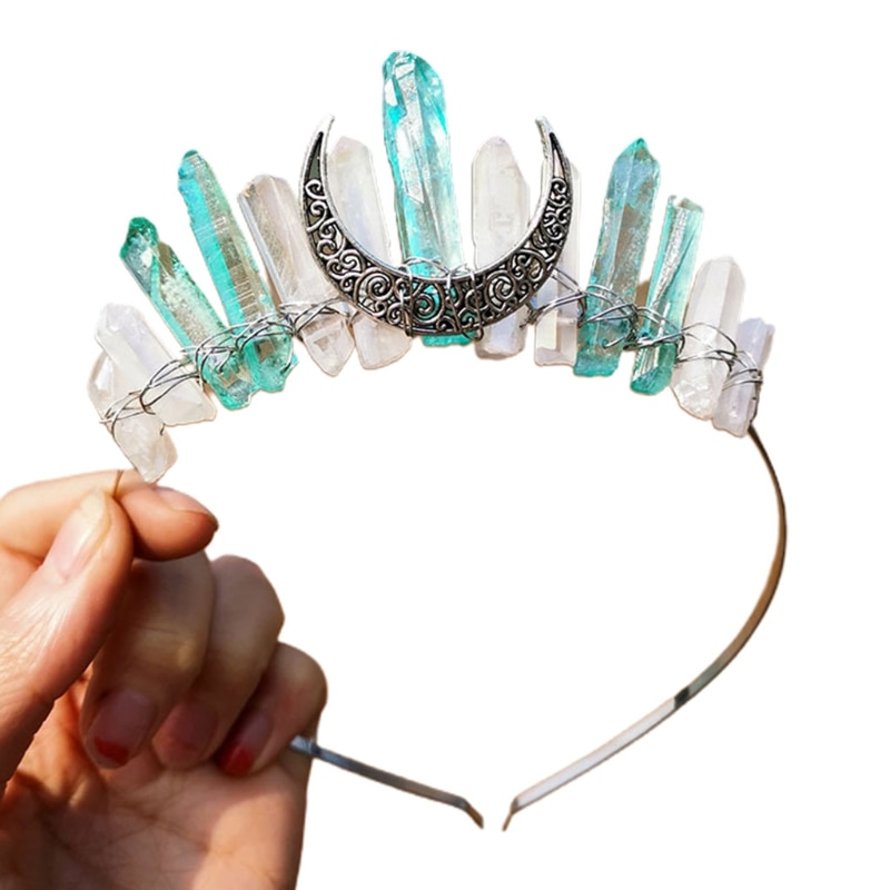 Handmade Faux Raw Crystal Headband Quartz Black Moon Bridal Alloy Tiara Crown Ladies Wedding Party Bridal Jewely Headdress: 6