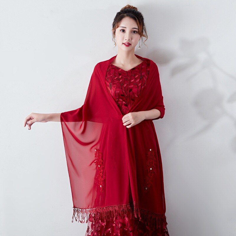 Longue mousseline de soie étole dentelle Appliques perlées robes de soirée châles de mariage enveloppes avec gland Capes de mariée fête: Wine red