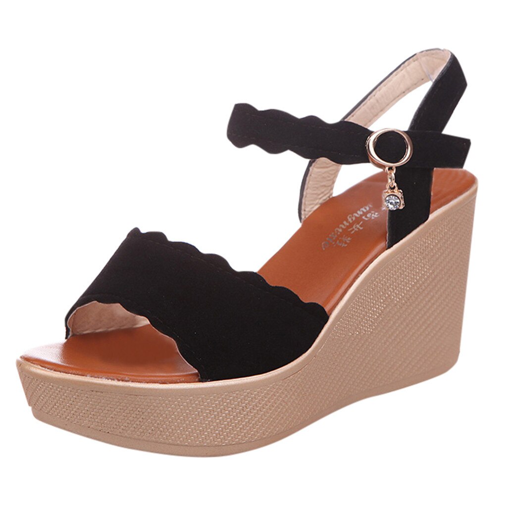 Vrouwen Wiggen Sandalen Peep Teen Strand Sandalen Rome Gesp Wiggen Vrouwen Casual Schoenen Mode Effen Wiggen Schoenen Vrouw: Black / 35