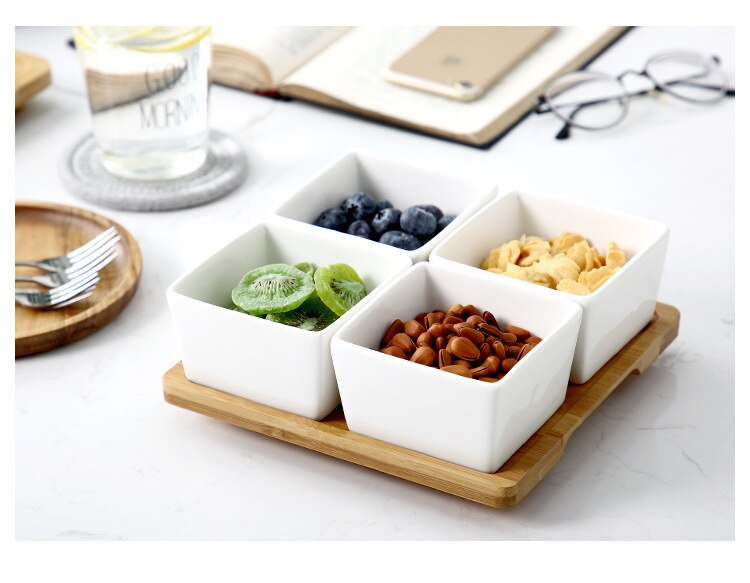Keramische plaat houten schaal japanse stijl rooster snacks meloen fruit partitie plaat gedroogd fruit bord snoep noten schaal combinatie: Vier roosters ingesteld