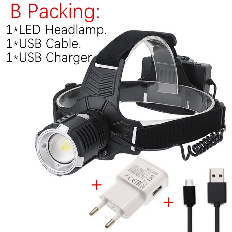 High XHP-70 LED ZOOM Headlamp zooming Head Lamp USB charging Waterproof fishing headlight: B Packing / Have 2x18650 Battery