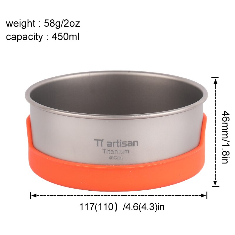Tiartisan Pure titanium Bowl Camping Bowl Pan Pot Tableware Cookware 400ml or 450ml: 450ml
