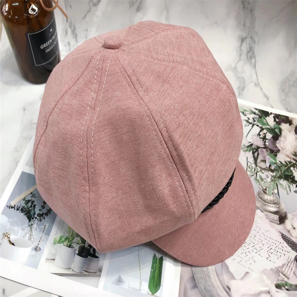 Chapeau de boulanger en sergé solide pour femme et garçon, avec bouton et cordon, rose, noir, moutarde, octogonal, pour fille: Pink