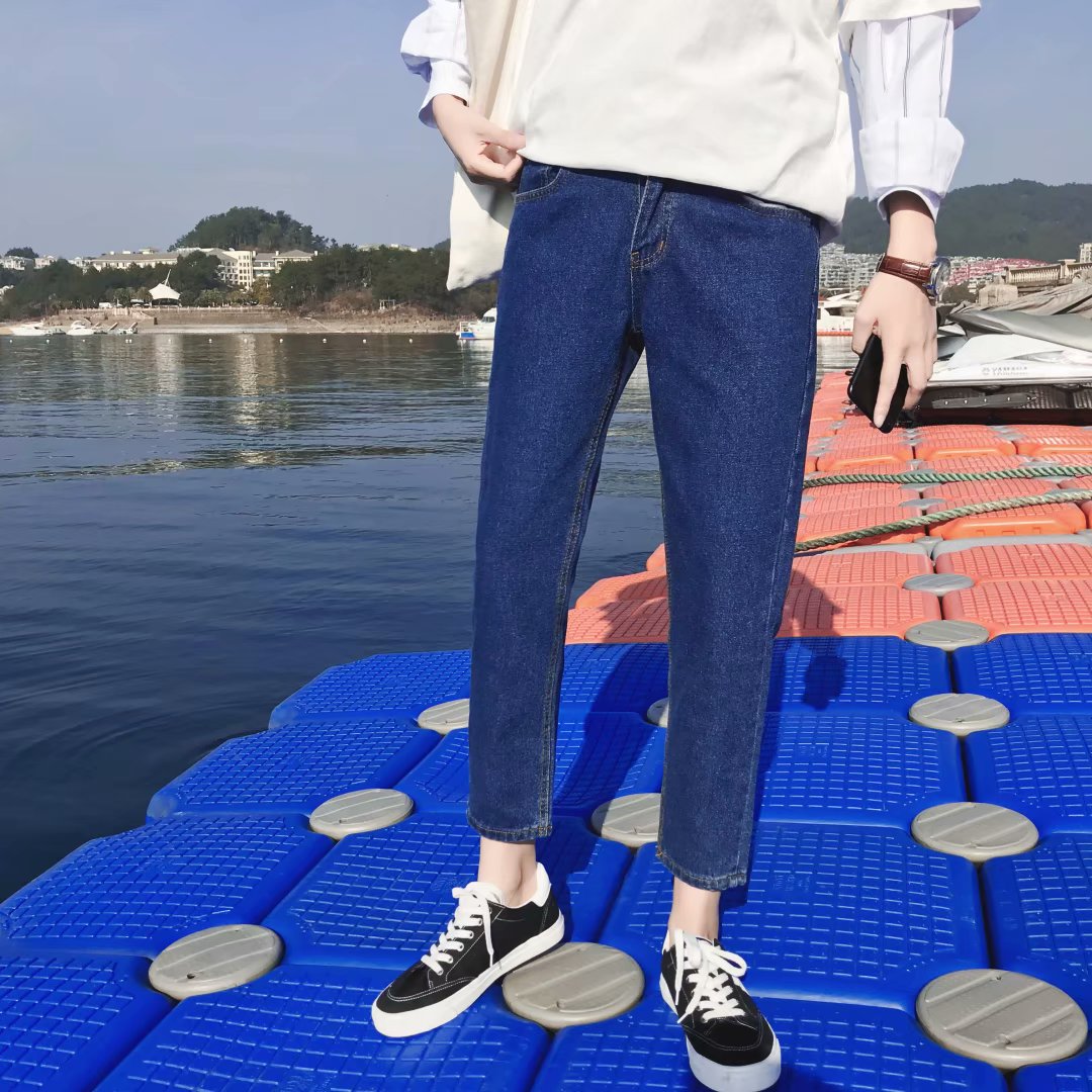 Mænd jeans retro løse ins harajuku solid ankellang chic all-match ulzzang trendy daglig streetwear herre student enkel: C52 mørkeblå / S