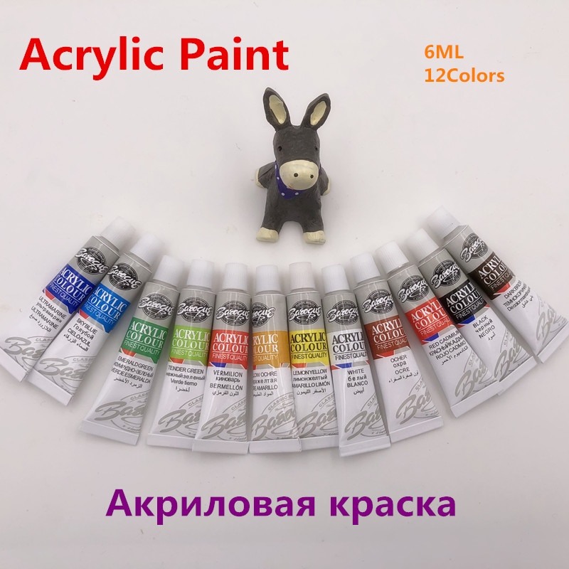 12 Colors 6ML Acrylic Paints Set Hand Painted Wall Painting Textile Paint Brightly Colored Art Supplies Free Brush