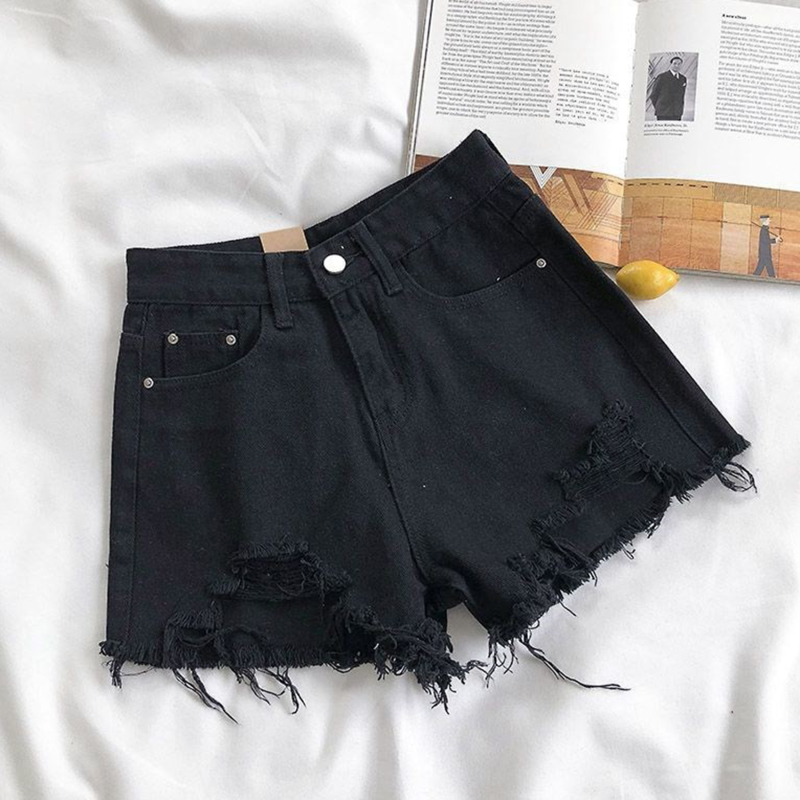 Short en jean taille haute à jambes larges pour femmes, denim coréen, trous, féminine, , décontracté, rue, court, , 2024: XXL / Or
