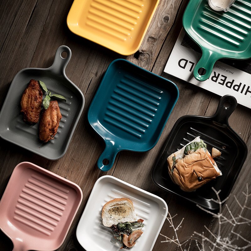 Matte Ceramic Baking Plates Unique Square Individual Pasta Lasagna Dish with Single Handle Small Dinner Plates S
