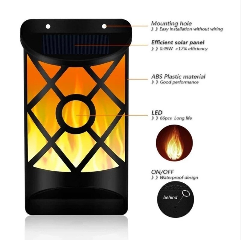 Buitendecoratielamp op zonne-energie, wandlamp op zonne-energie,  ip65 flikkerende vlam, led-nachtlampjes op zonne-energie 66 zaklamp met wit licht, waterdicht.