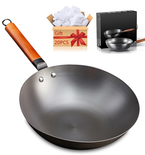 Fypo – Wok en fer chinois antiadhésif de , casserole en fer traditionnelle faite à la main, poêle à Induction et à gaz avec boîte: Wok and 20pcs gift