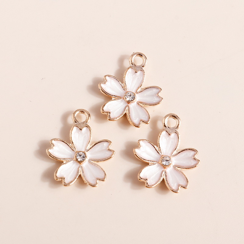 Dijes de flores de cristal rosa para fabricación de joyas, abalorios de plantas de aleación esmaltada para collar y pendientes, 10 piezas, 14x17mm: Color amarillo dorado claro