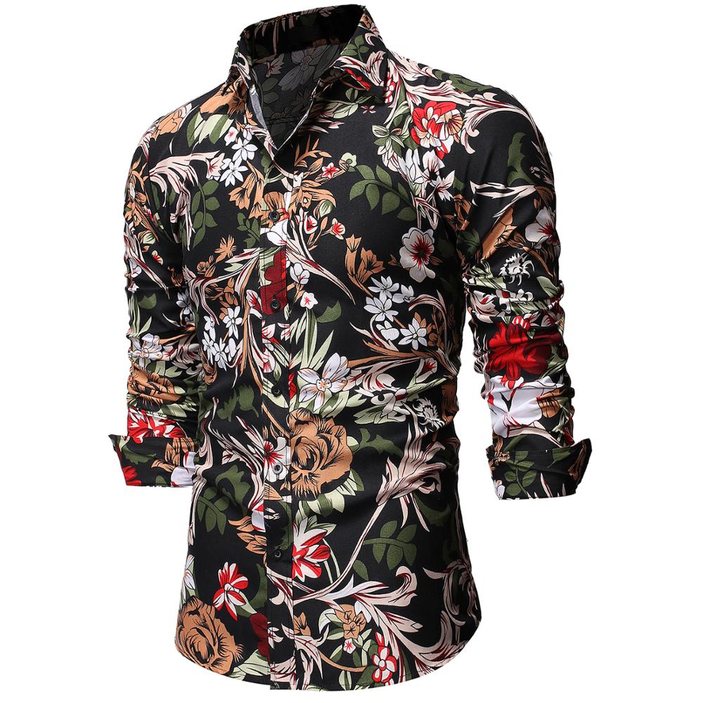 Men's Printed Shirts Male Slim Fit Long Sleeve Shirt Men Floral Print Casual Shirts Plus Size