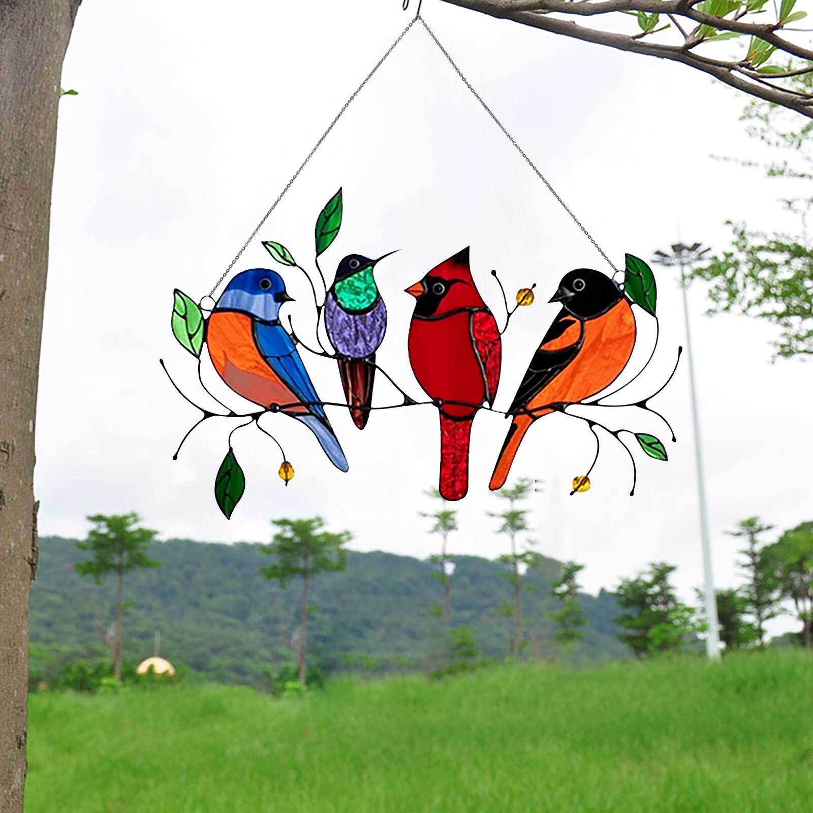 Birds On A Wire High Stained Glass Window Panel Bird Series Ornamen Outdoor Garden Chimes Wind Chime Garden Decoration