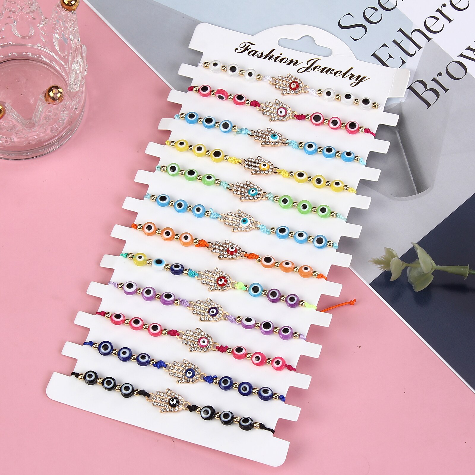 12Pcs Evil Ogen Crystal Bead Charm Armbanden Voor Vrouwen Verstelbare Fatima Hand Hanger Elastische Enkelbandje Partij Sieraden