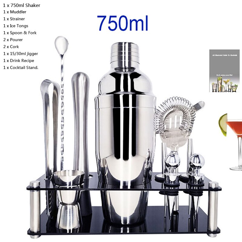 Stainless Steel 550ml/450ml/600ml/750ml Shaker Cup With Measuring Cup Cocktail Shaker Set Cocktail Kit Bar Tools Stand Recipe: 11Pc750ML ZRack