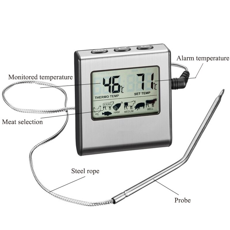 Oven Thermometer Digital Thermometer with Timer Stainless Steel Probe Kitchen Thermometer For Grill Cooking Meat Fish Turkey BBQ