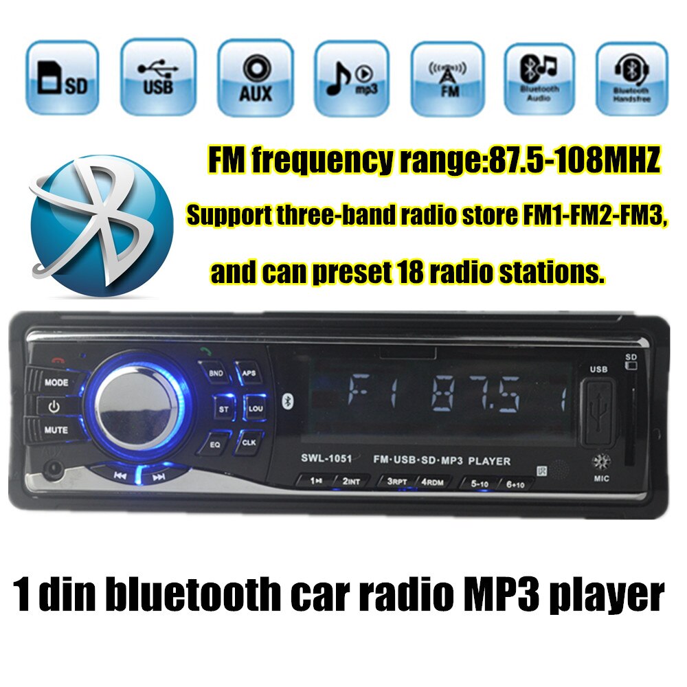 Single Din Car Stereo Audio 12V Bluetooth In-dash FM Receiver Aux Input Receiver USB MP3 MMC WMA FLAC Car Radio Player