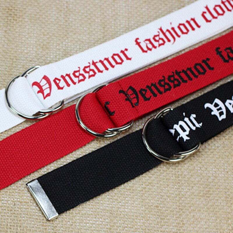 Unisex canvas riemen met letters, d-ring, dubbele gesp, punk tailleband, dames, heren, tieners, lange brede riem