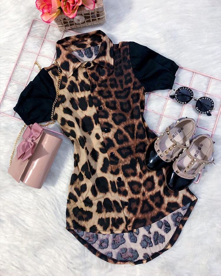 1-6Years Kids Baby Girl Leopard Shirts Summer Short Sleeve Turn-down Collar Buttons Child Girl Long Shirt Casual Tops