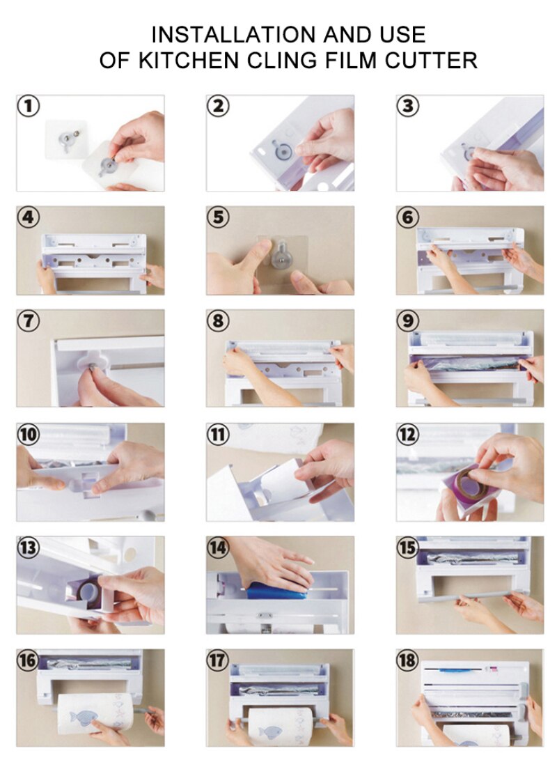 Wall Mounted Roll Distributor Wall Mounted For Multi-function Film Cutter Roll Tin Sheet Cling Film Wall Holder