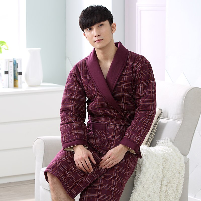 Winter Autumn Plaid 3 Layers Thick Cotton Quilted Men&#39;s Bath Robes Gentlemen&#39;s Homewear Big Yards L-3XL Male Sleepwear Lounges