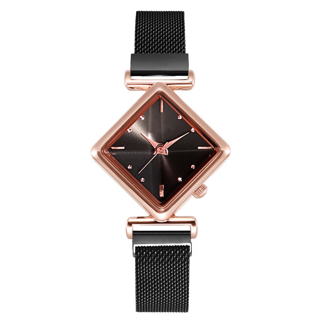 Conjunto de relojes de pulsera magnéticos para mujer, pulsera cuadrada de lujo de cuarzo, reloj de vestir femenino,: black