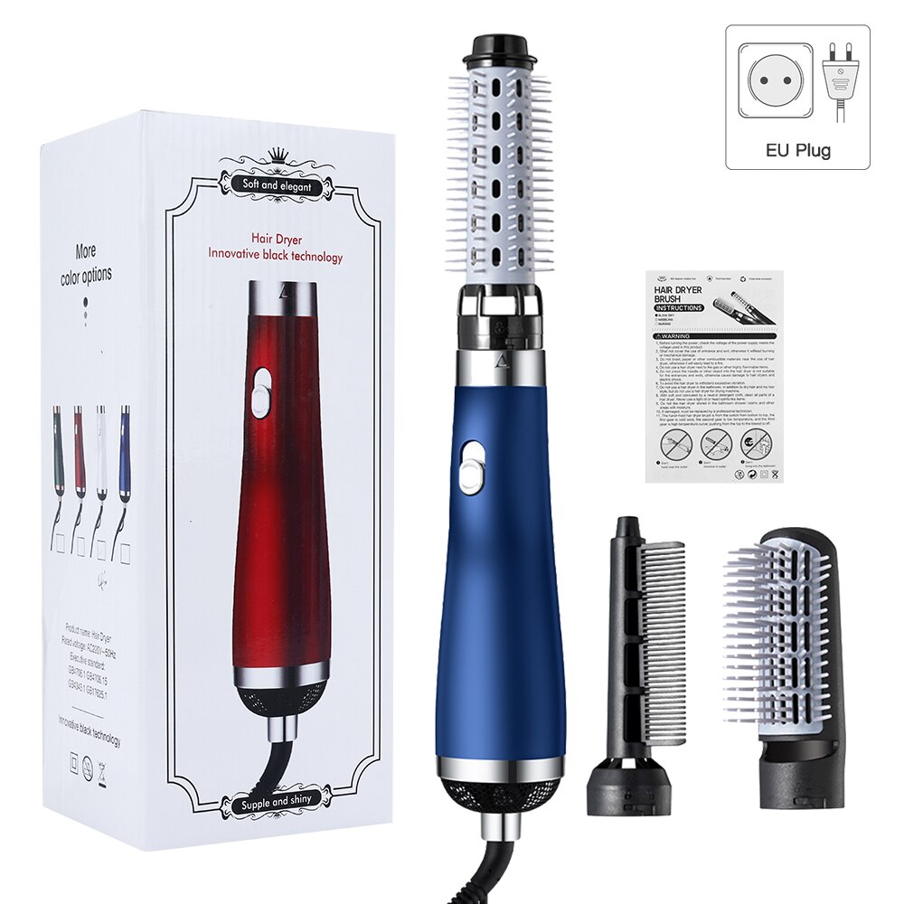 3 In1 Elektrische Föhn Föhn Kam Rotating Air Borstel Haar Straightner Styling Tool Hair Curler Hair Styler kam: Blue EU