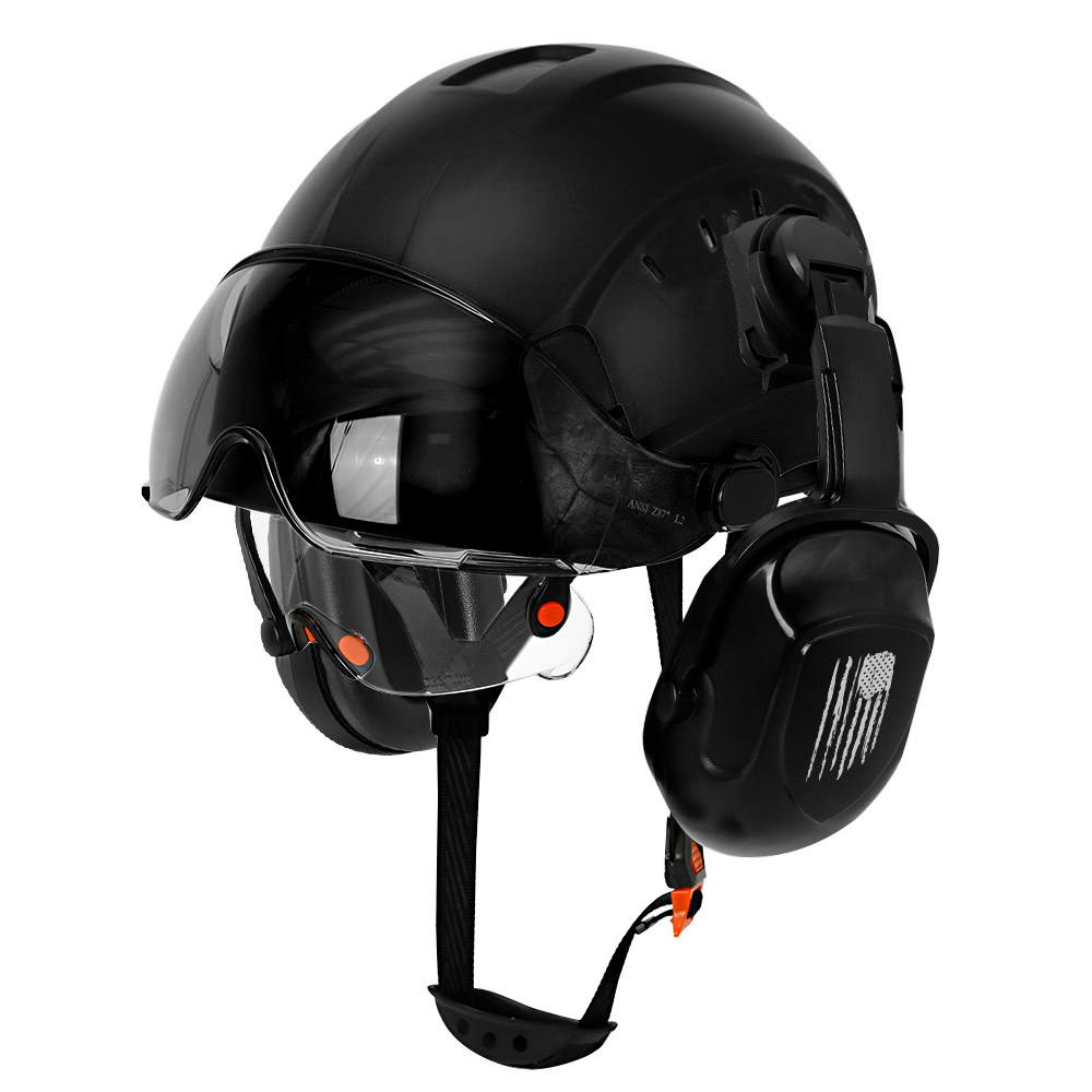 Schutzhelm mit Visiere, integrierte Schutzbrille, verbesserte Ohrenschützer-Rauschunterdrückung für Ingenieure, ABS-Schutzhelm, ANSI-Industrie-Arbeitskappe: Grau