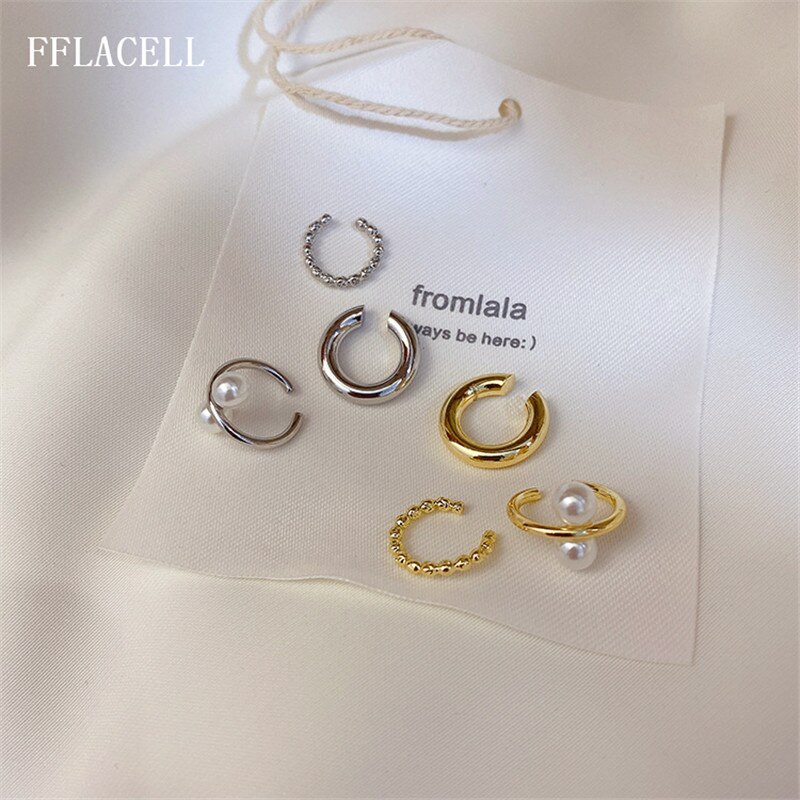 FFLACELL 1set Korea Simple Pearl Ear Cuff Earring Geometric Circle C Shape Metal Ear Bone Clip Earrings For Women Jewelry