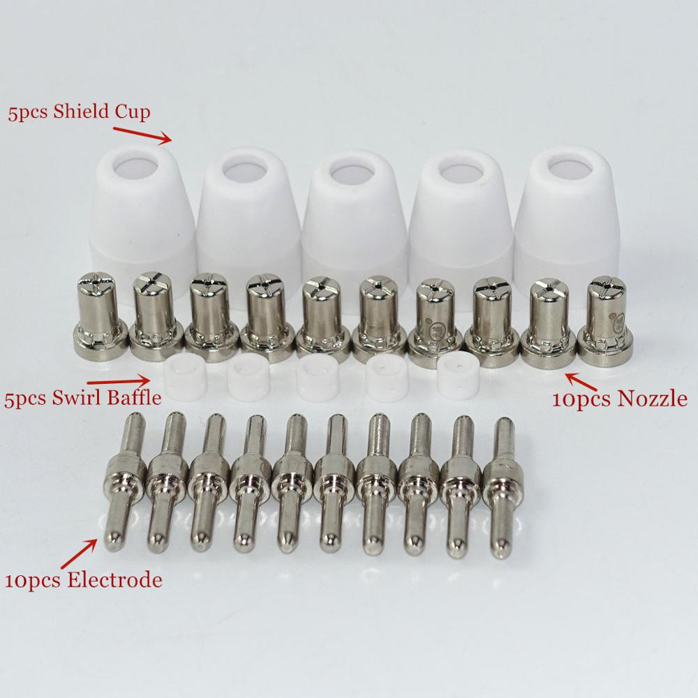 30pcs Plasma Cutting Torch Consumable Cutting 40A PT31 Extended Long Shield Cup Swirl Baffle Plasma Torch Nozzle Tip Electrode