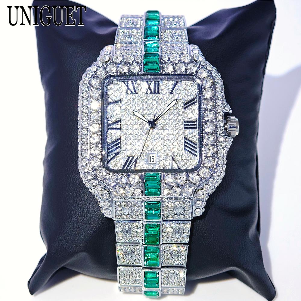 Luxury Red Diamond Watches Men Brand UNIGUET Hip Hop Iced Bling Jewelry Wristwatch Man Waterproof Square Quartz Clocks