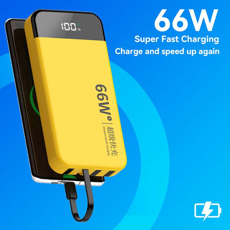 66W Super Fast Charging 100000mAh Power Bank With Built-in Cable Large Capacity Portable Digital Display Charger Spare Battery