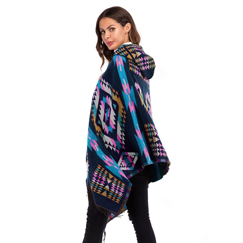 Dameskleding losse grote nationale stijl mantel sjaal geometrisch patroon kwast dames breien capuchon jas