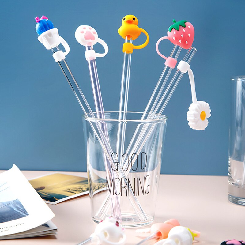Bouchon de paille en Silicone, capuchon anti-poussière, tasse à boire réutilisable, accessoires de paille en verre, bouchon de dessin animé, couvercle de tête d'aspiration, mignon universel