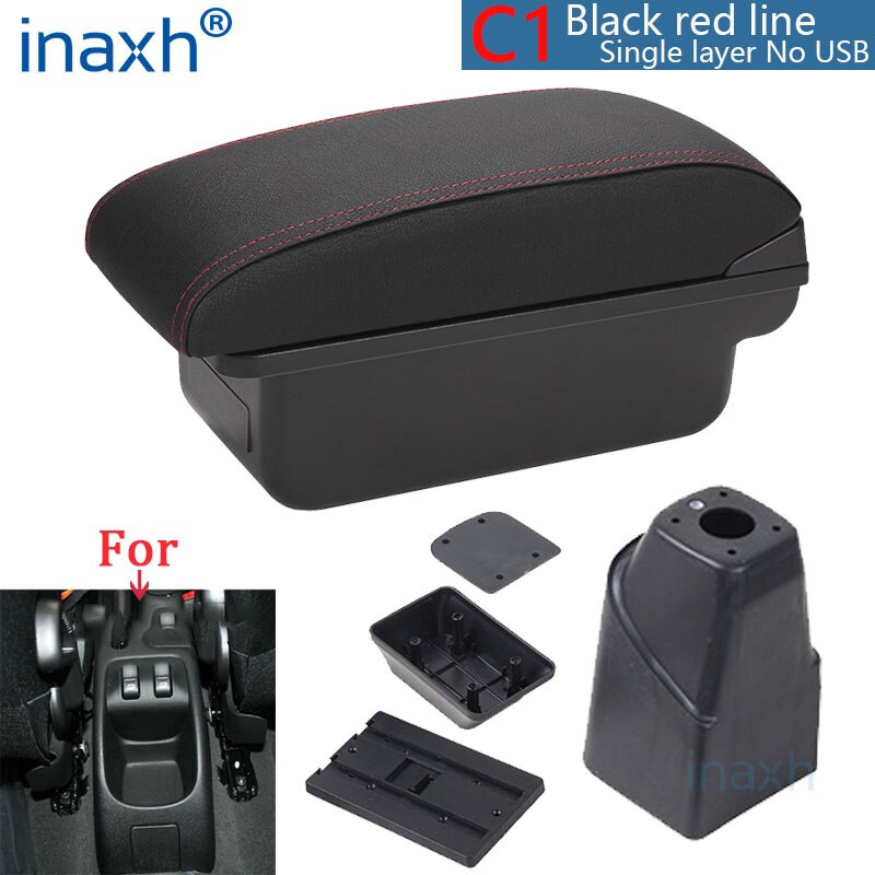Para PEUGEOT 206 reposabrazos Interior piezas compartimento de reposabrazos para coche modificación Caja de almacenaje de piezas de accesorios de coche Interior con USB LED: C1 Black red NO USB
